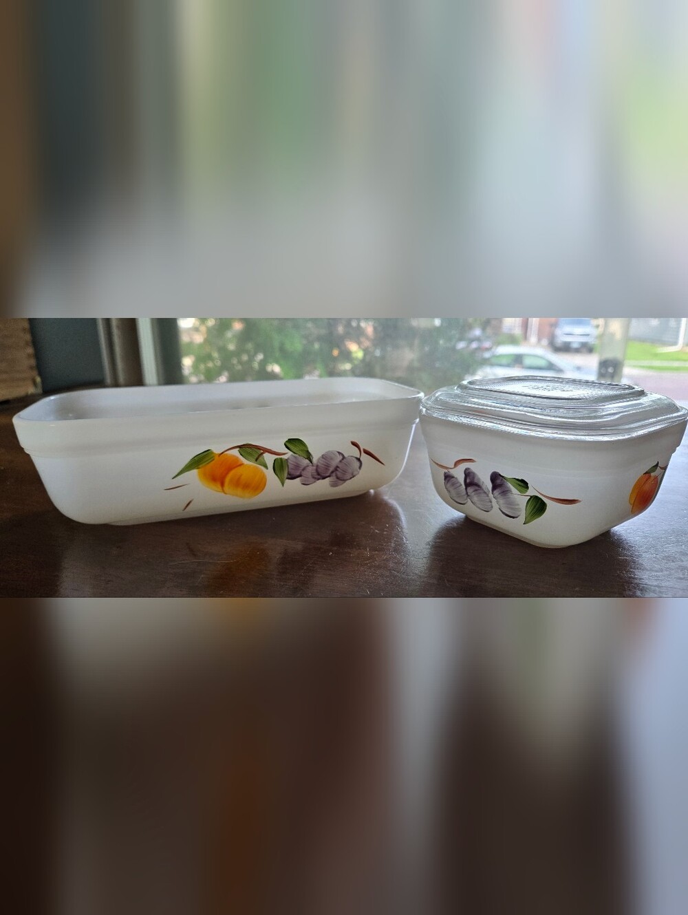 Set of 2 Vintage Fire King Ovenware Dishes Gay Fad Fruit Design w/ Lid